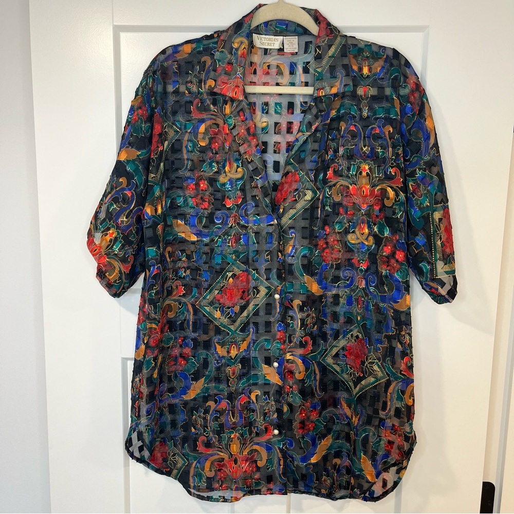 Vtg Victoria’s Secret Gold Label S Colorful Floral Sheer Button Up Sleep Shirt